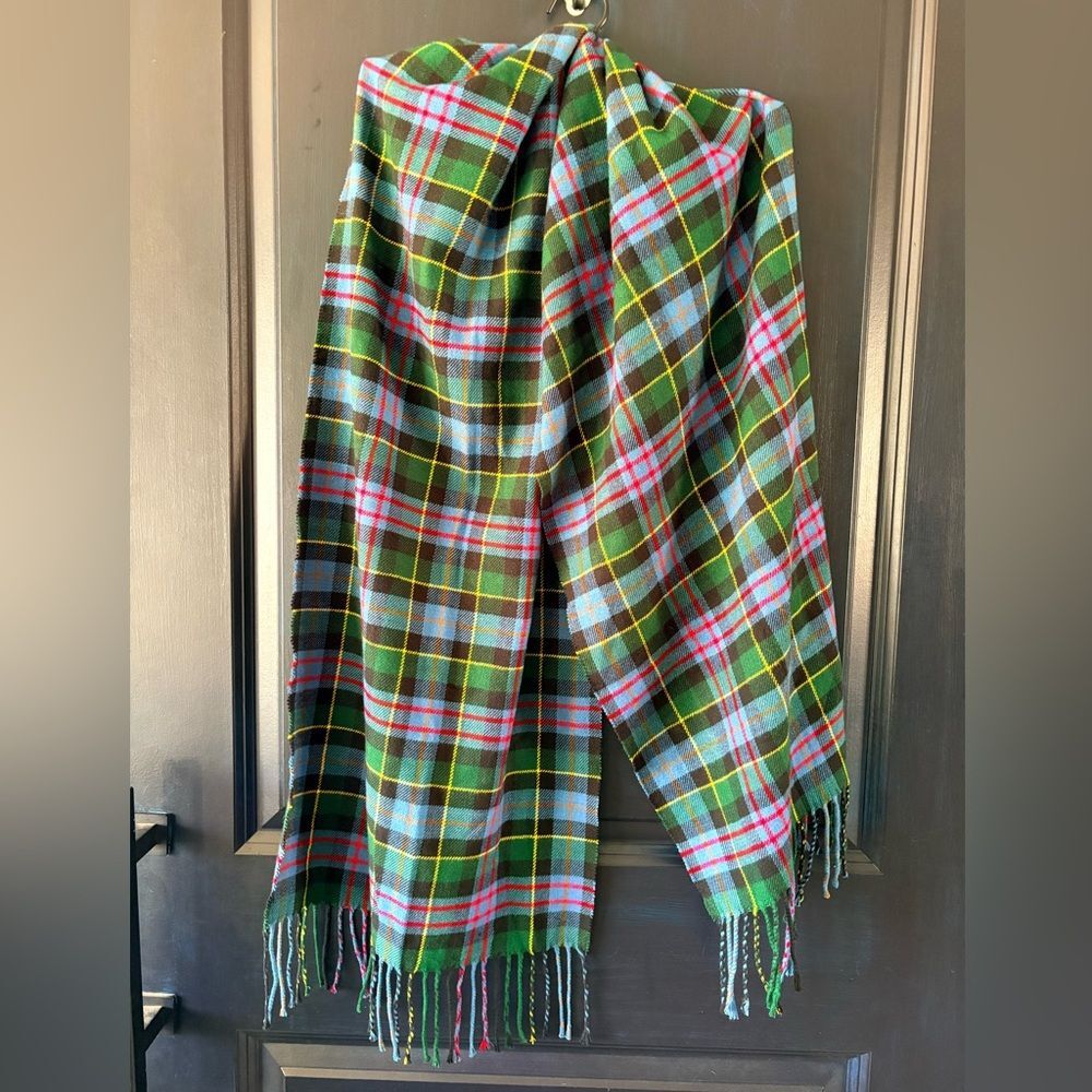 Lands End Tartan Plaid Fringe Scarf Blue Green Black